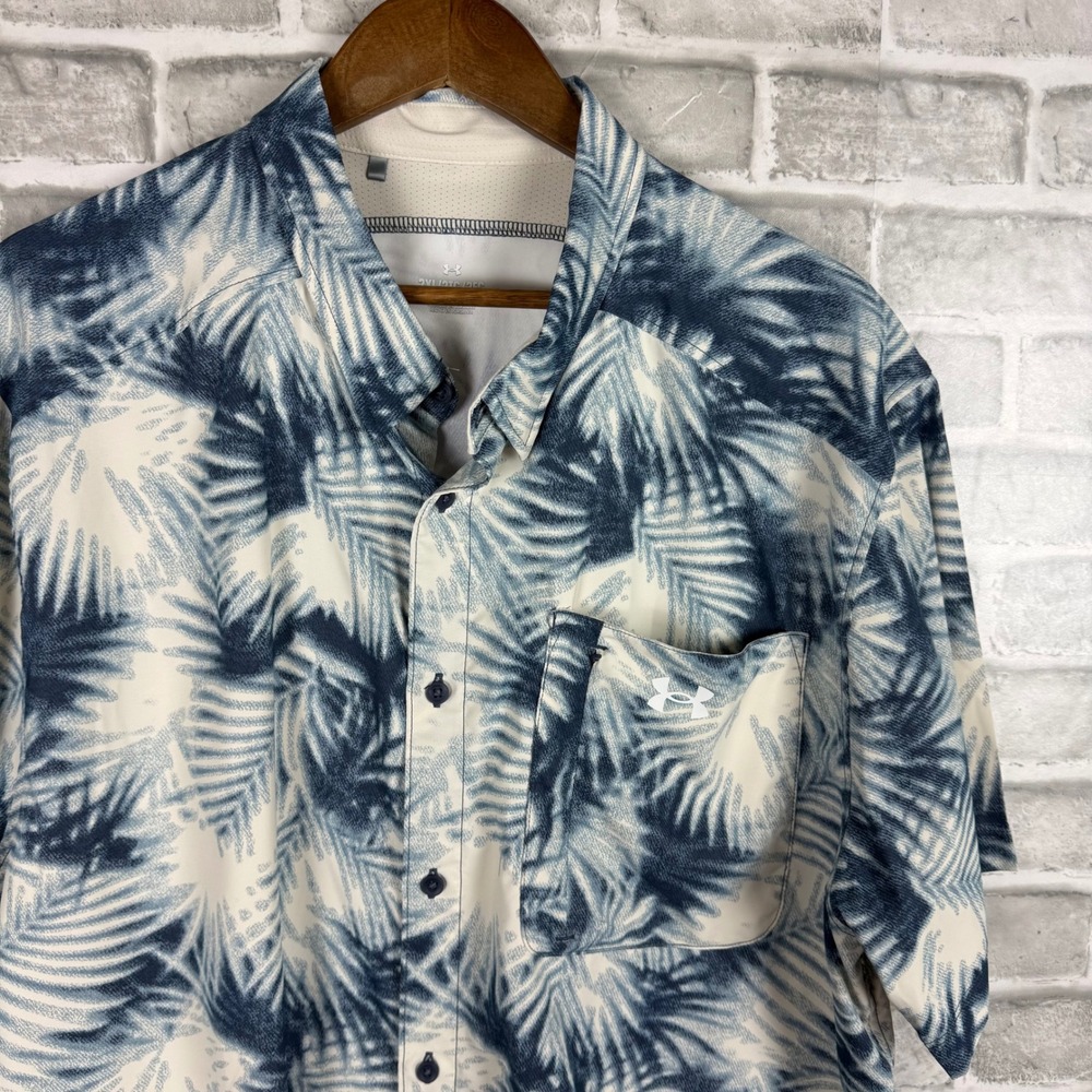 Under Armour Mens Blue White Palm Tropical Button Down Shirt 2XL 1376577